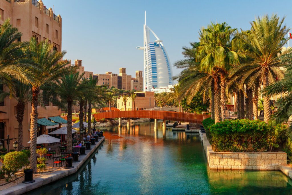 Cityscape,With,Beautiful,Park,With,Palm,Trees,In,Dubai,,Uae