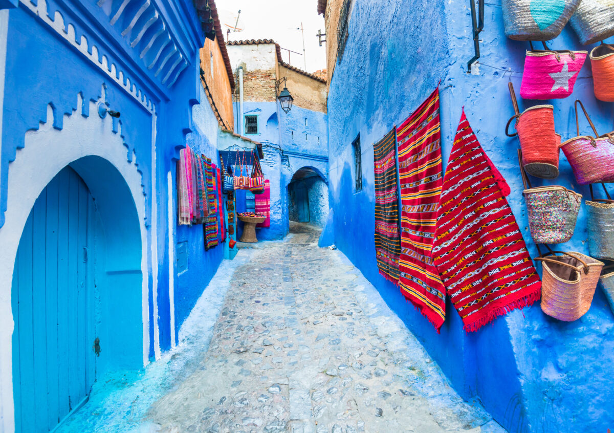 Narrow,Street,Of,Chefchaouen,Blue,City,In,Morocco,With,Bright
