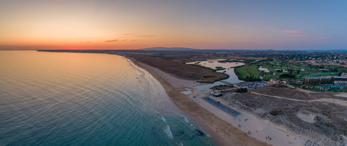 Aerial,Sunset,Seascape,Of,Salgados,Beach,In,Albufeira,,Algarve,Tourism